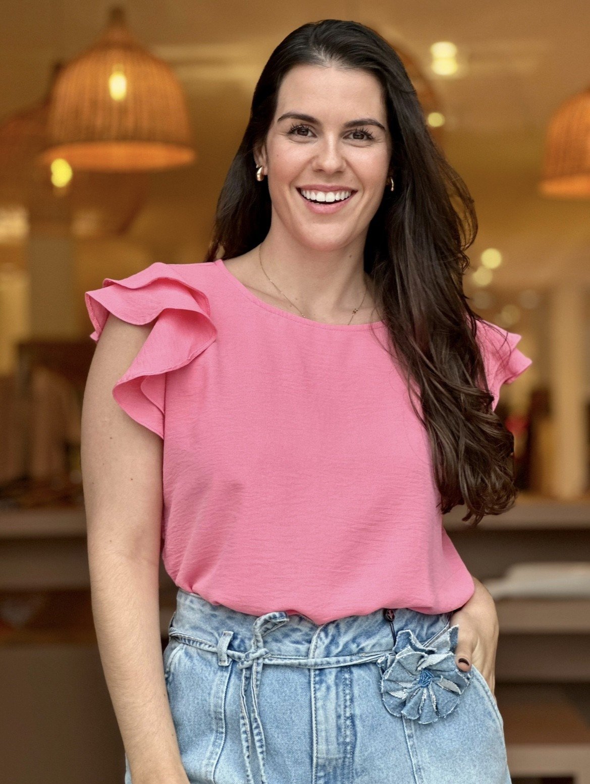 Blusa em Crepe Manga Curta Babados Rosa Simone Fraletti